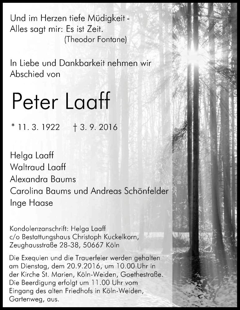  Traueranzeige für Peter Laaff vom 10.09.2016 aus Kölner Stadt-Anzeiger / Kölnische Rundschau / Express
