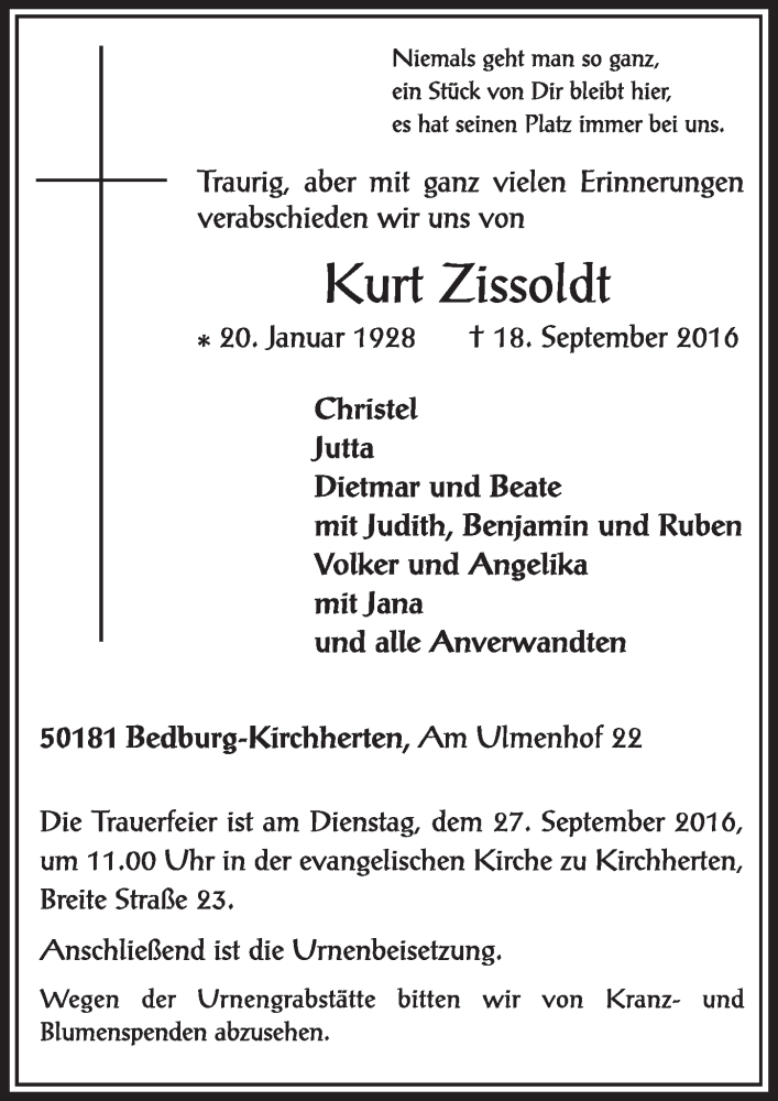  Traueranzeige für Kurt Zissoldt vom 24.09.2016 aus  Sonntags-Post 