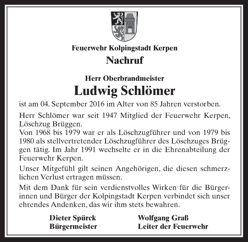  Traueranzeige für Ludwig Schlömer vom 14.09.2016 aus  Werbepost 