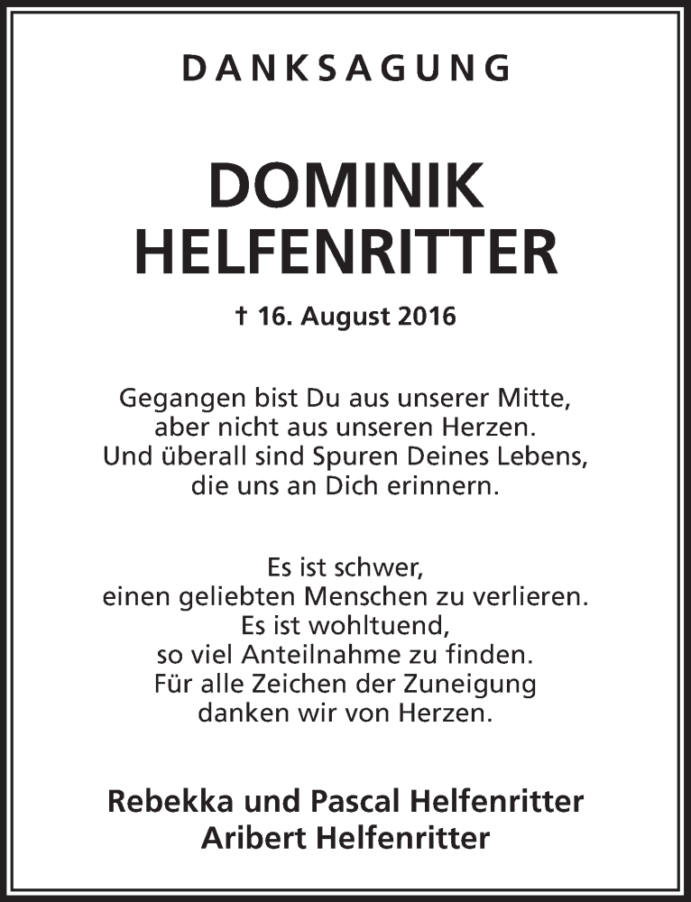  Traueranzeige für Dominik Helfenritter vom 14.09.2016 aus  Lokale Informationen 