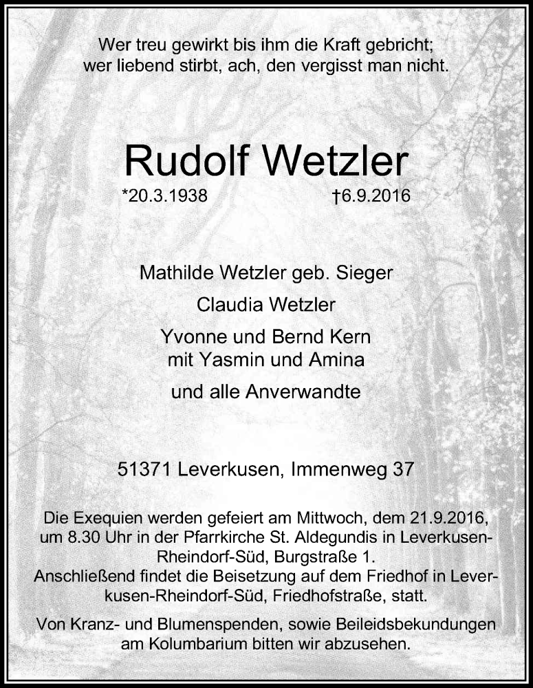  Traueranzeige für Rudolf Wetzler vom 17.09.2016 aus Kölner Stadt-Anzeiger / Kölnische Rundschau / Express
