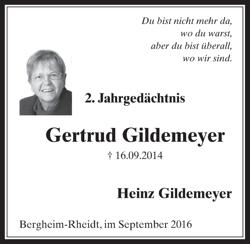  Traueranzeige für Gertrud Gildemeyer vom 14.09.2016 aus  Werbepost 
