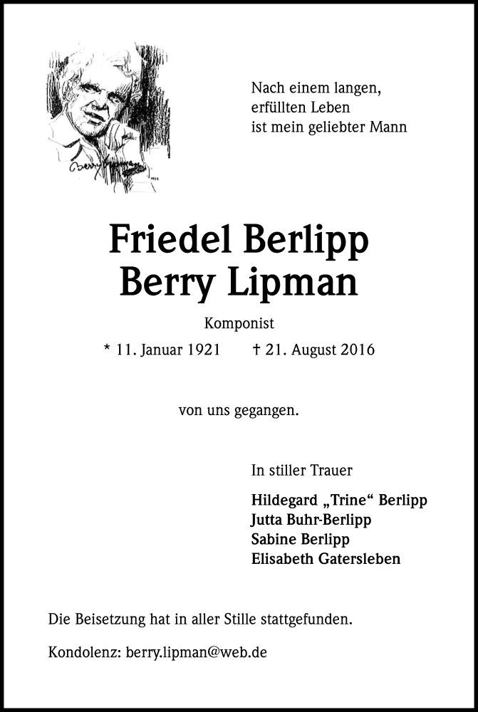  Traueranzeige für Berry Lipman vom 17.09.2016 aus Kölner Stadt-Anzeiger / Kölnische Rundschau / Express