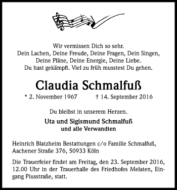 Anzeige von Claudia Schmalfuss von Kölner Stadt-Anzeiger / Kölnische Rundschau / Express