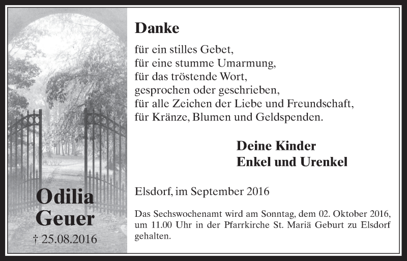  Traueranzeige für Odilia Geuer vom 28.09.2016 aus  Werbepost 