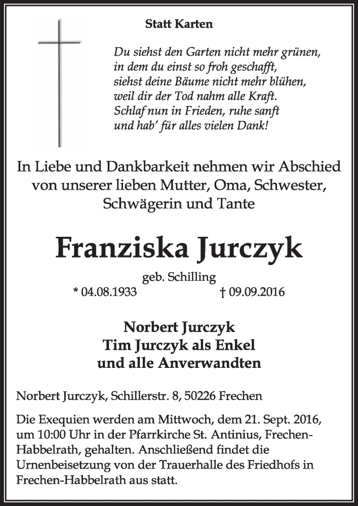  Traueranzeige für Franziska Jurczyk vom 17.09.2016 aus  Sonntags-Post 
