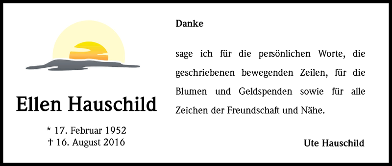  Traueranzeige für Ellen Hauschild vom 28.09.2016 aus Kölner Stadt-Anzeiger / Kölnische Rundschau / Express