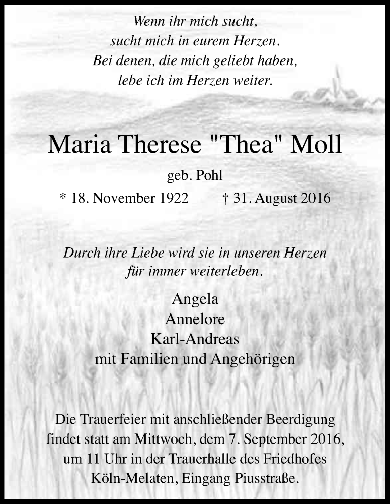  Traueranzeige für Maria Therese Moll vom 03.09.2016 aus Kölner Stadt-Anzeiger / Kölnische Rundschau / Express