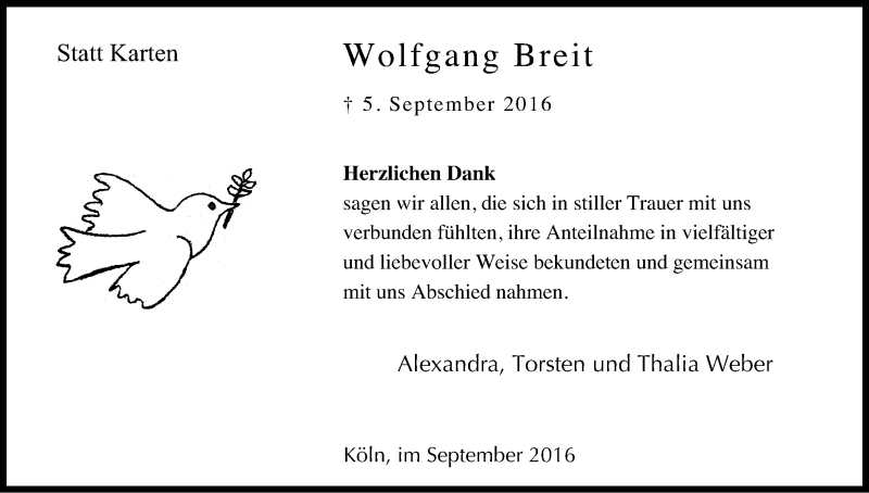  Traueranzeige für Wolfgang Breit vom 24.09.2016 aus Kölner Stadt-Anzeiger / Kölnische Rundschau / Express