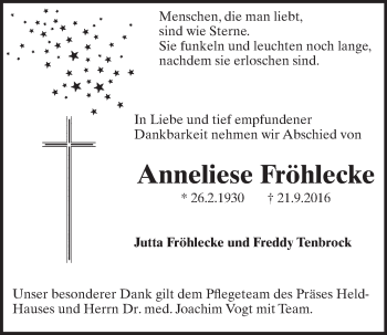 Anzeige von Anneliese Fröhlecke von  Schlossbote/Werbekurier 