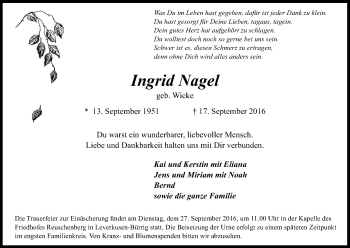 Anzeige von Ingrid Nagel von Kölner Stadt-Anzeiger / Kölnische Rundschau / Express