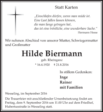 Anzeige von Hilde Biermann von  Schlossbote/Werbekurier 