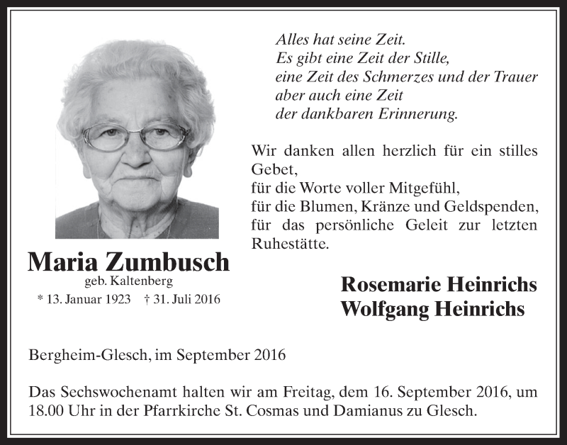  Traueranzeige für Maria Zumbusch vom 14.09.2016 aus  Werbepost 