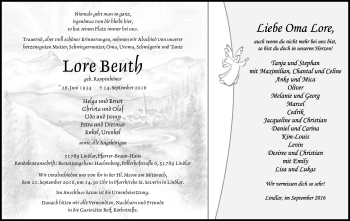 Anzeige von Lore Beuth von Kölner Stadt-Anzeiger / Kölnische Rundschau / Express