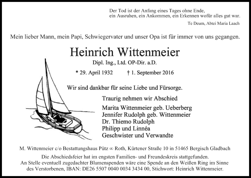  Traueranzeige für Heinrich Wittenmeier vom 24.09.2016 aus Kölner Stadt-Anzeiger / Kölnische Rundschau / Express