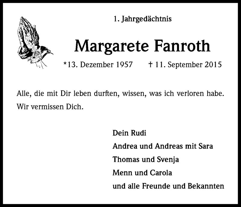  Traueranzeige für Margarete Fanroth vom 10.09.2016 aus Kölner Stadt-Anzeiger / Kölnische Rundschau / Express