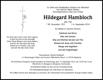 Anzeige von Hildegard Hambloch von Kölner Stadt-Anzeiger / Kölnische Rundschau / Express