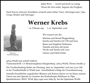 Anzeige von Werner Krebs von Kölner Stadt-Anzeiger / Kölnische Rundschau / Express
