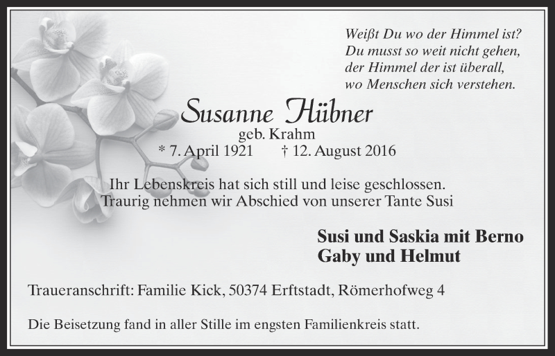 Traueranzeige für Susanne Hübner vom 31.08.2016 aus  Werbepost 