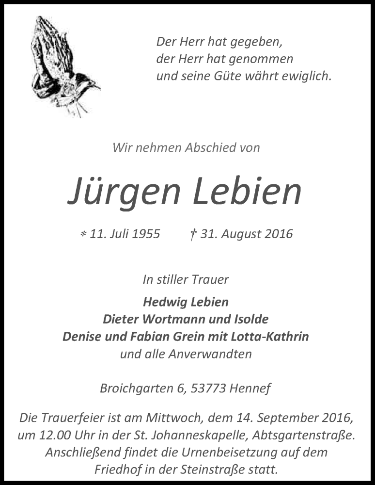  Traueranzeige für Jürgen Lebien vom 10.09.2016 aus Kölner Stadt-Anzeiger / Kölnische Rundschau / Express