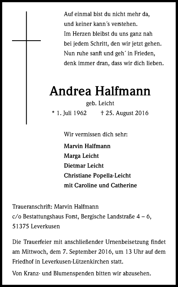  Traueranzeige für Andrea Halfmann vom 05.09.2016 aus Kölner Stadt-Anzeiger / Kölnische Rundschau / Express