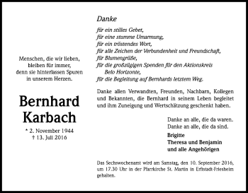 Anzeige von Bernhard Karbach von Kölner Stadt-Anzeiger / Kölnische Rundschau / Express