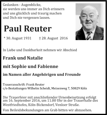 Anzeige von Paul Reuter von Kölner Stadt-Anzeiger / Kölnische Rundschau / Express