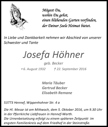 Anzeige von Josefa Höhner von Kölner Stadt-Anzeiger / Kölnische Rundschau / Express