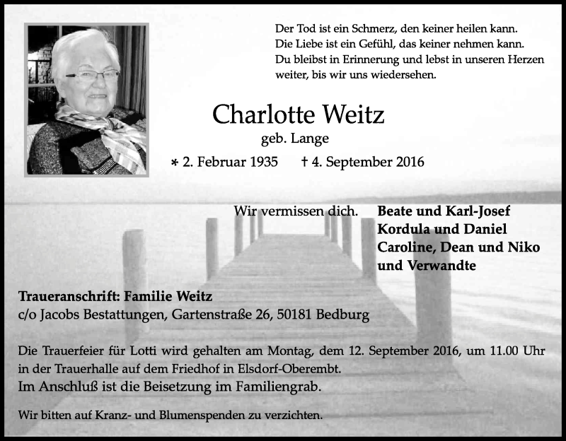  Traueranzeige für Charlotte Weitz vom 10.09.2016 aus Kölner Stadt-Anzeiger / Kölnische Rundschau / Express