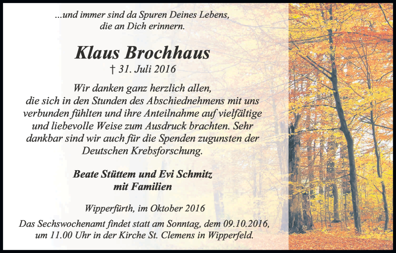  Traueranzeige für Klaus Brochhaus vom 01.10.2016 aus Kölner Stadt-Anzeiger / Kölnische Rundschau / Express