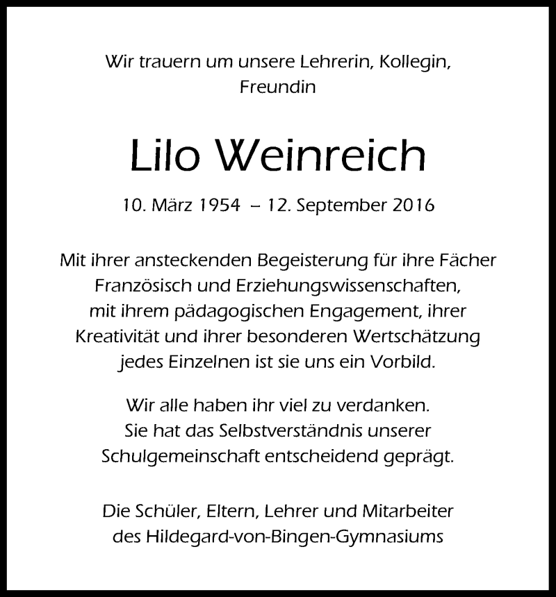 Traueranzeige für Lilo Weinreich vom 17.09.2016 aus Kölner Stadt-Anzeiger / Kölnische Rundschau / Express