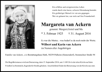 Anzeige von Margret van Ackern von Kölner Stadt-Anzeiger / Kölnische Rundschau / Express