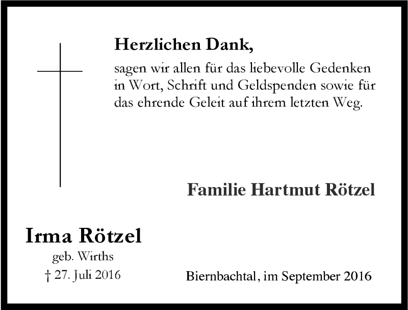  Traueranzeige für Irma Rötzel vom 07.09.2016 aus  Lokalanzeiger 