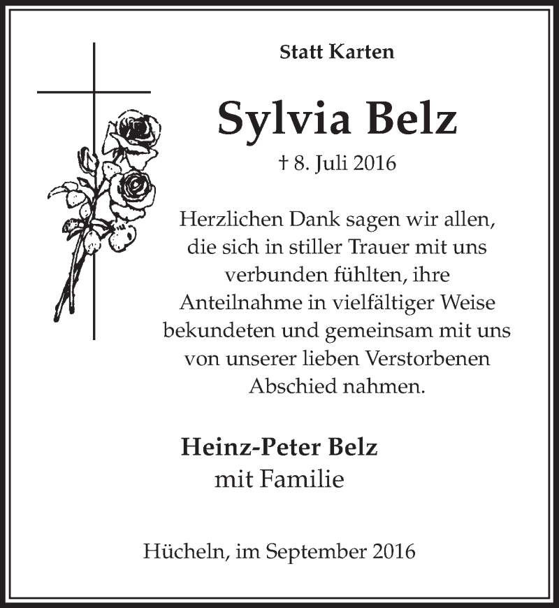  Traueranzeige für Sylvia Belz vom 03.09.2016 aus  Sonntags-Post 