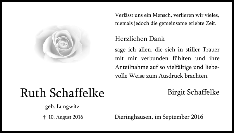  Traueranzeige für Ruth Schaffelke vom 28.09.2016 aus  Anzeigen Echo 