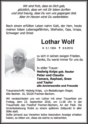 Anzeige von Lothar Wolf von  Sonntags-Post 