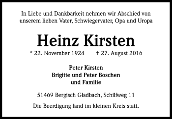 Anzeige von Heinz Kirsten von Kölner Stadt-Anzeiger / Kölnische Rundschau / Express