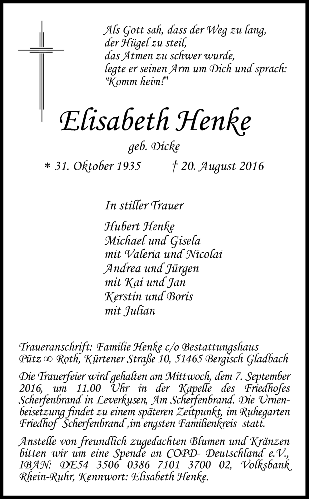  Traueranzeige für Elisabeth Henke vom 03.09.2016 aus Kölner Stadt-Anzeiger / Kölnische Rundschau / Express