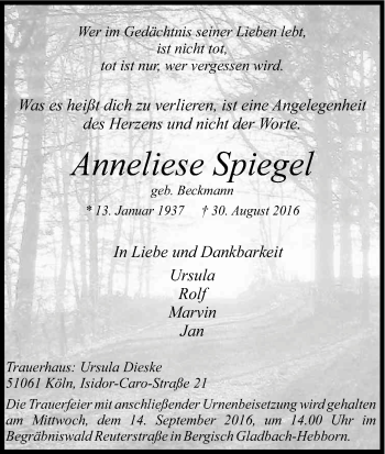 Anzeige von Anneliese Spiegel von Kölner Stadt-Anzeiger / Kölnische Rundschau / Express