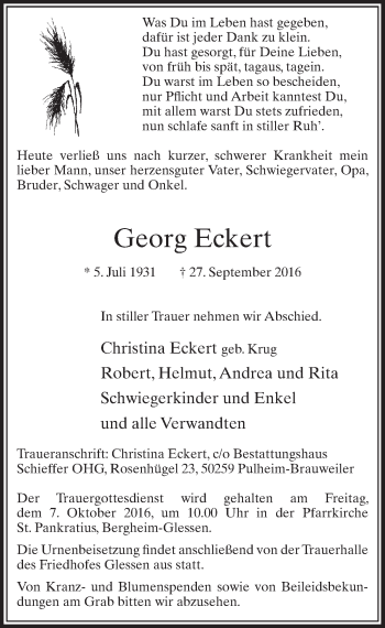 Anzeige von Georg Eckert von  Sonntags-Post 
