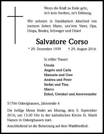 Anzeige von Salvatore Corso von Kölner Stadt-Anzeiger / Kölnische Rundschau / Express