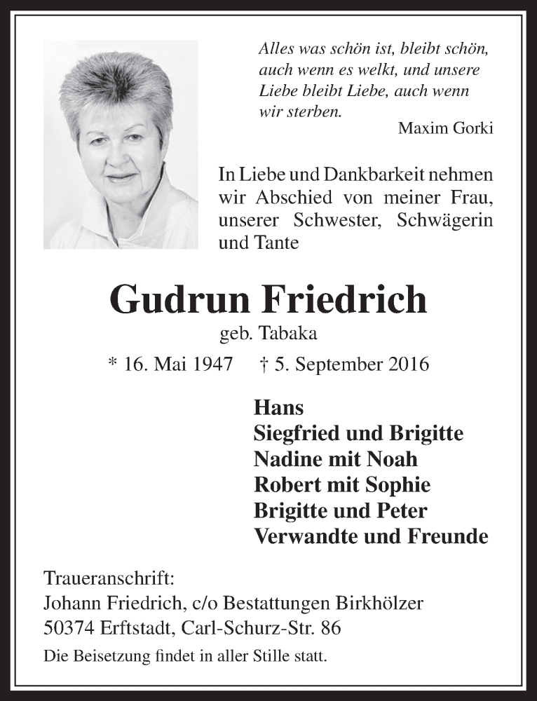 Traueranzeige für Gudrun Friedrich vom 17.09.2016 aus  Sonntags-Post 