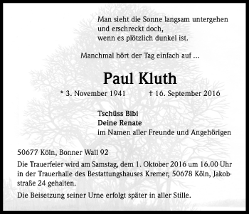 Anzeige von Paul Kluth von Kölner Stadt-Anzeiger / Kölnische Rundschau / Express