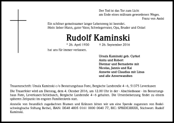 Anzeige von Rudolf Kaminski von Kölner Stadt-Anzeiger / Kölnische Rundschau / Express