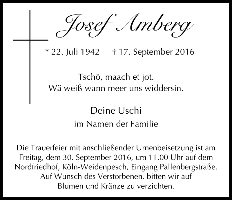  Traueranzeige für Josef Amberg vom 24.09.2016 aus Kölner Stadt-Anzeiger / Kölnische Rundschau / Express