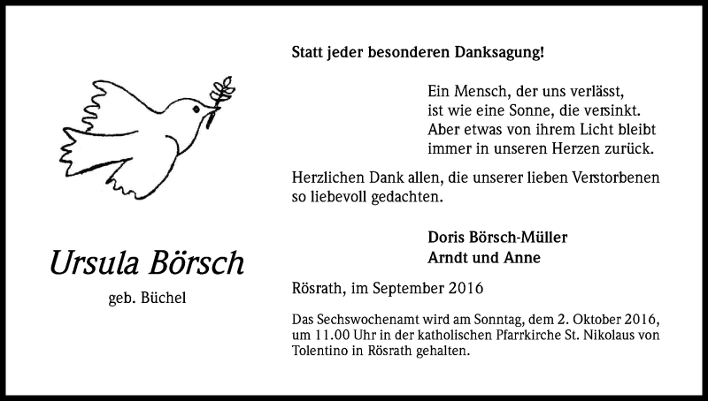  Traueranzeige für Ursula Börsch vom 10.09.2016 aus Kölner Stadt-Anzeiger / Kölnische Rundschau / Express
