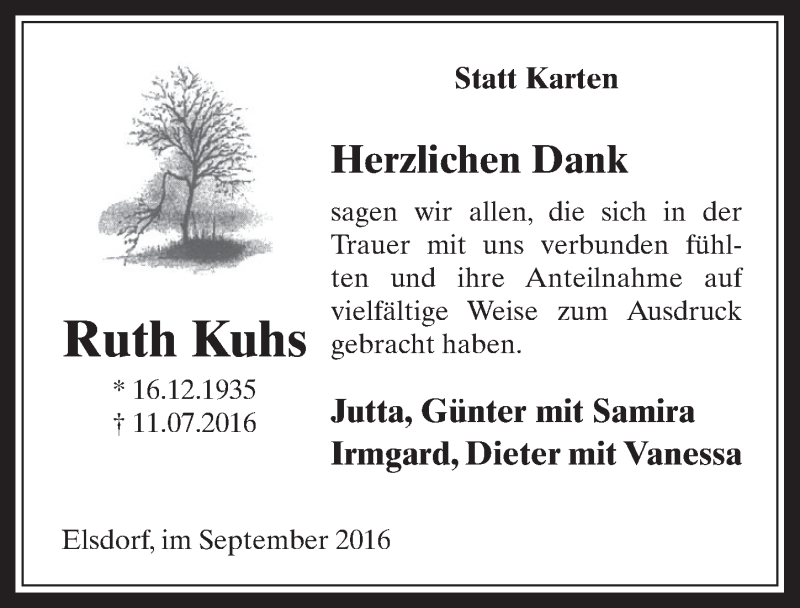  Traueranzeige für Ruth Kuhs vom 14.09.2016 aus  Werbepost 