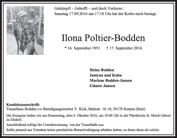 Anzeige von Ilona Poltier-Bodden von  Sonntags-Post 