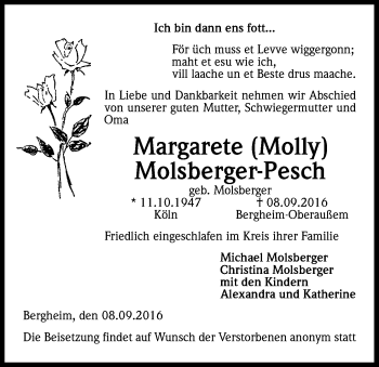 Anzeige von Margarete Molsberger-Pesch von Kölner Stadt-Anzeiger / Kölnische Rundschau / Express