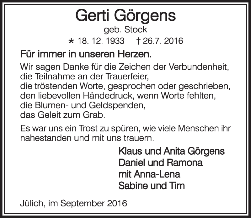  Traueranzeige für Gerti Görgens vom 03.09.2016 aus  Sonntags-Post 